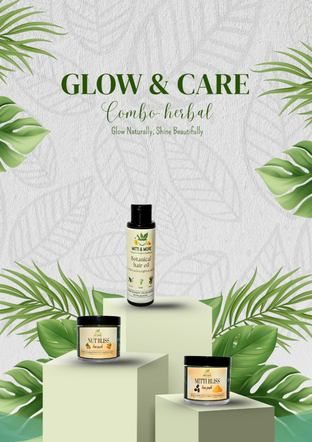 Glow & Care Combo – Herbal Face Pack, Exfoliating Scrub & Hair Oil