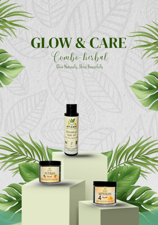 Glow & Care Combo – Herbal Face Pack, Exfoliating Scrub & Hair Oil